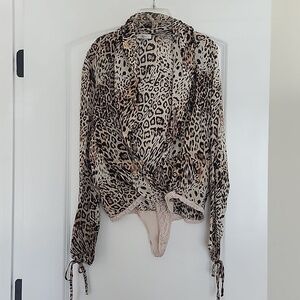 Vintage Cache Bodysuit Plunge V Neck Animal Print Long Sleeves Top Size M